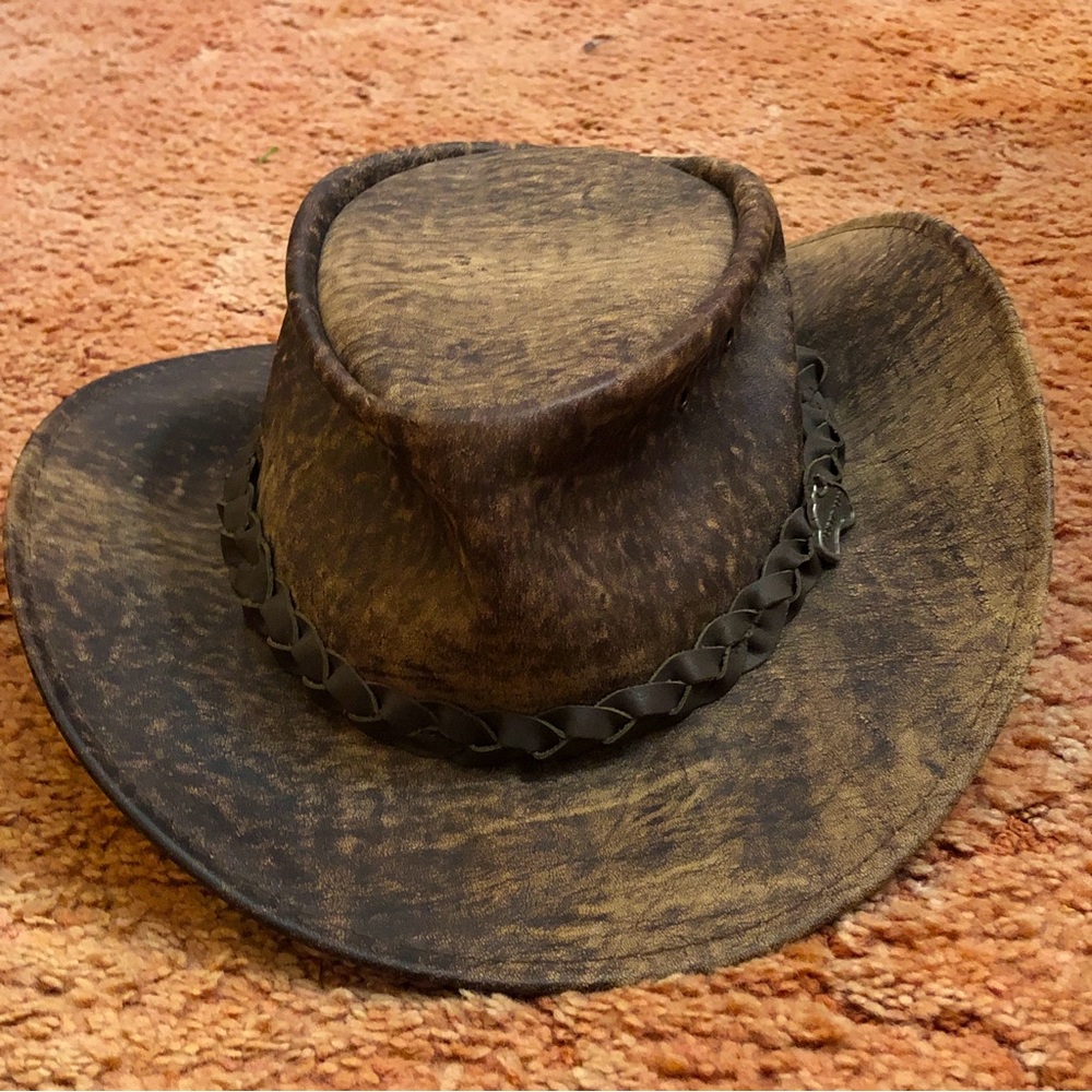OUTBACK SURVIVAL GEAR - KANGAROO LEATHER HAT - STONEWASH BROWN K1001- sz Medium